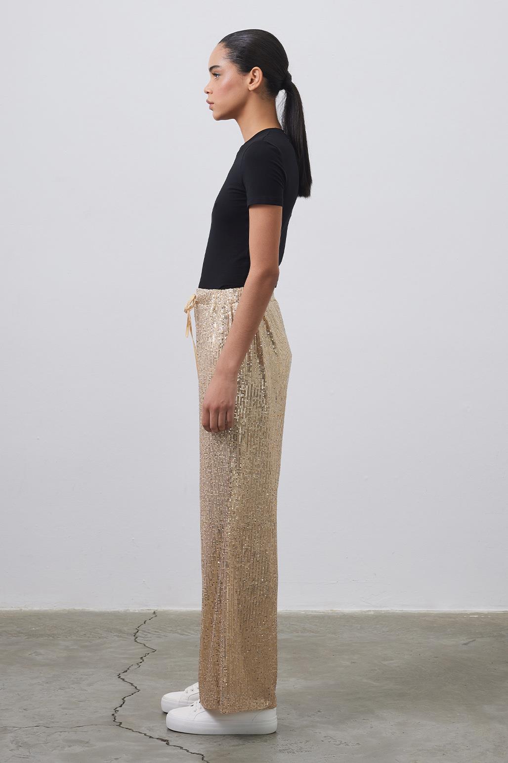 Sequin Embroidered Loose Trousers Gold