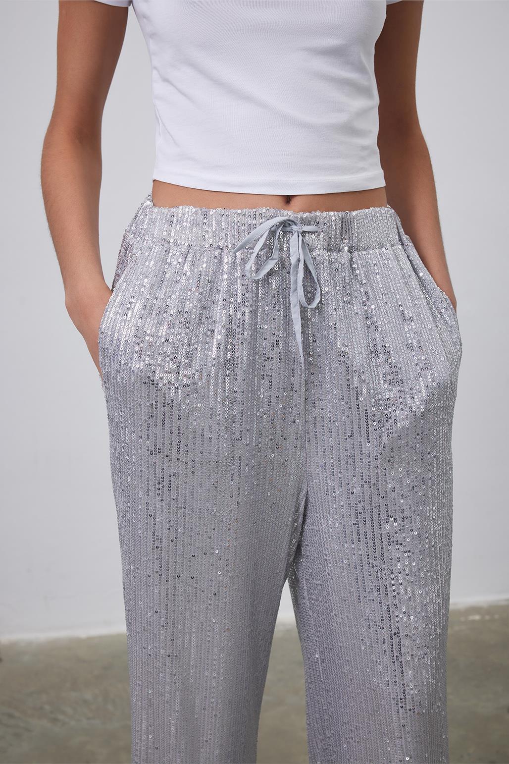 Sequin Embroidered Loose Trousers Silver