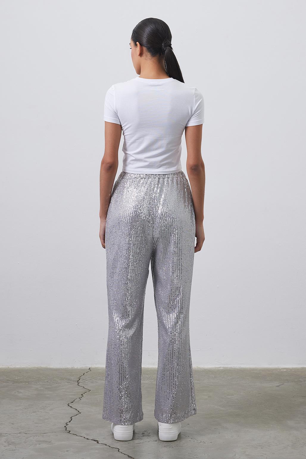 Sequin Embroidered Loose Trousers Silver