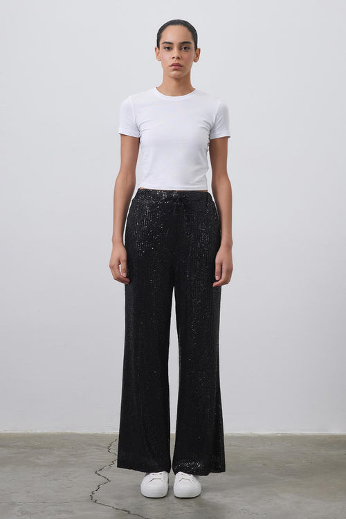 Sequin Embroidered Loose Trousers Black