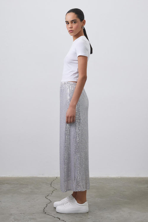 Sequin Embroidered Pencil Skirt Silver