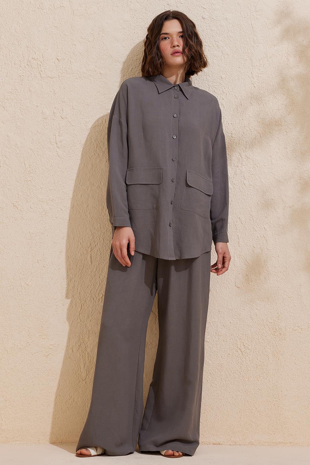 Perla Linen Viscose Shirt Trousers Set Gray