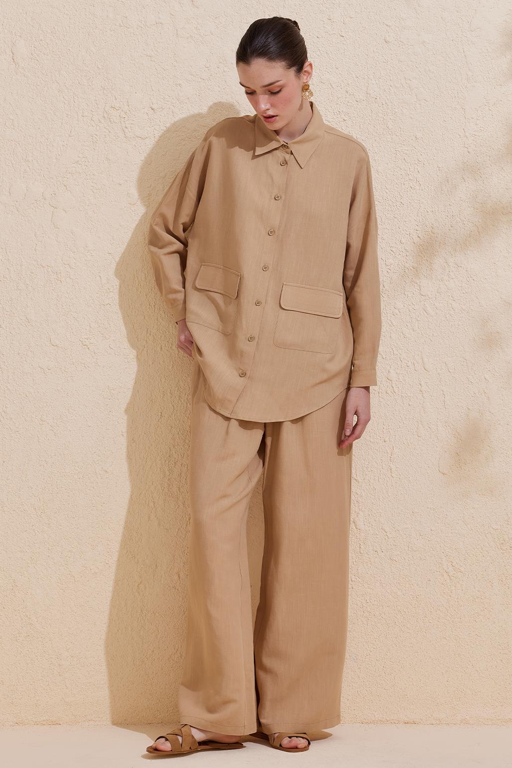 Perla Linen Viscose Shirt Trousers Set Safari