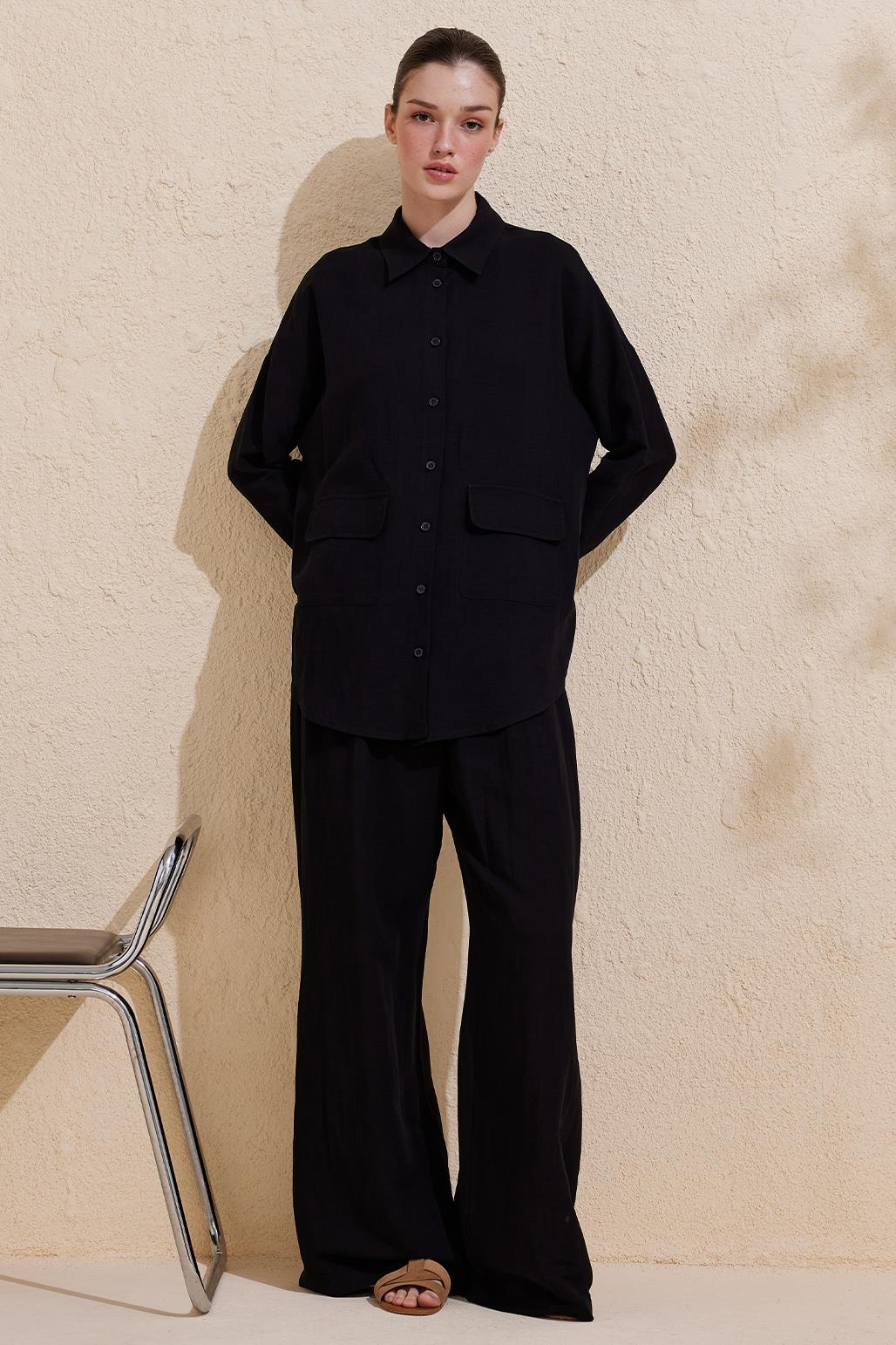 Perla Linen Viscose Shirt Trousers Set Black