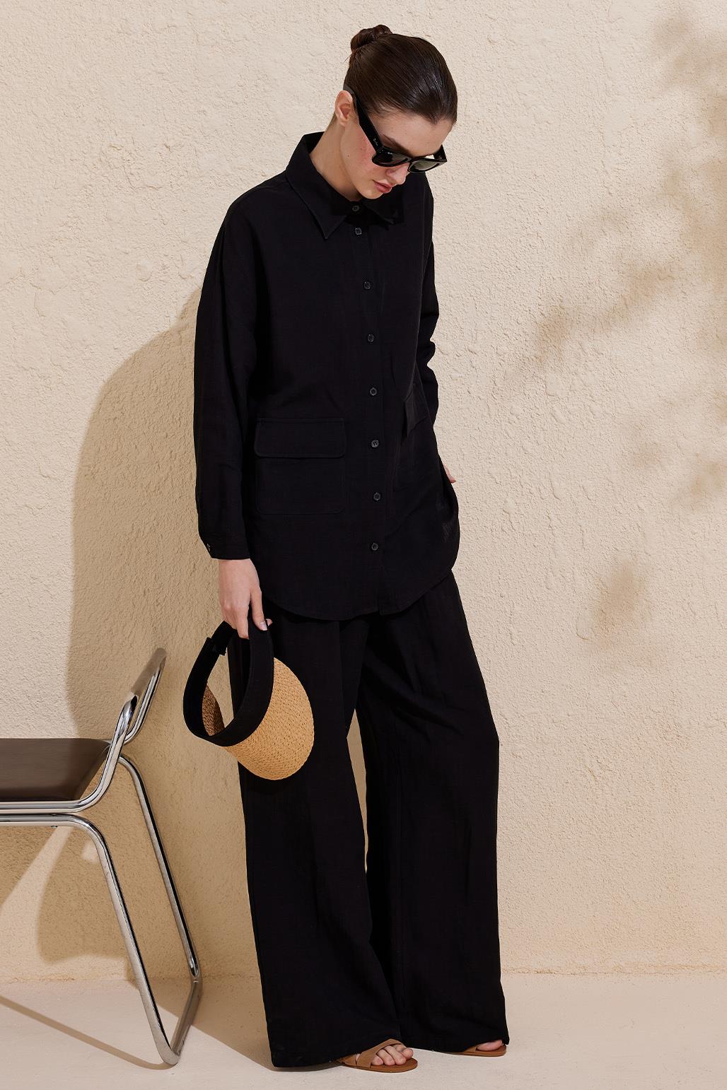 Perla Linen Viscose Shirt Trousers Set Black