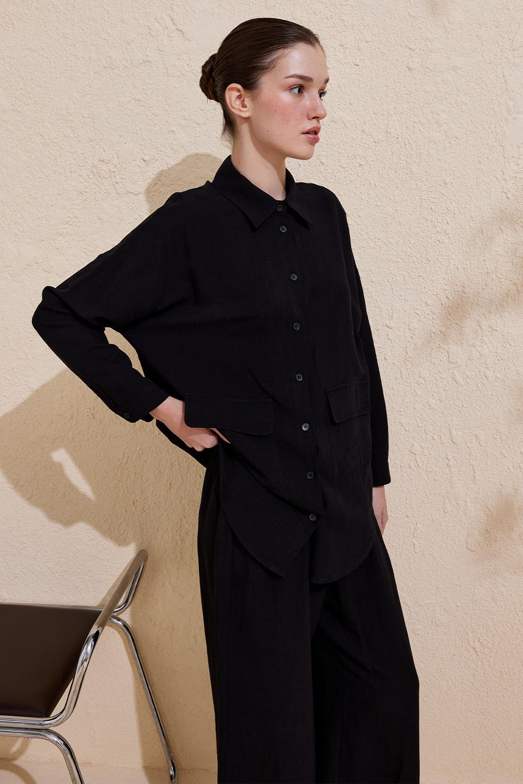 Perla Linen Viscose Shirt Trousers Set Black