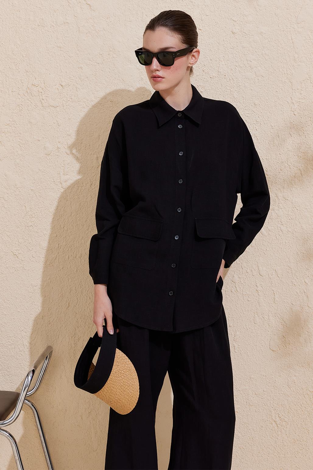 Perla Linen Viscose Shirt Trousers Set Black