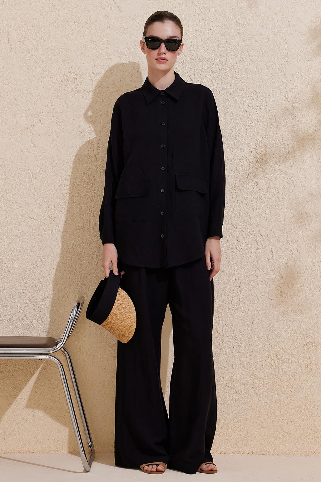 Perla Linen Viscose Shirt Trousers Set Black