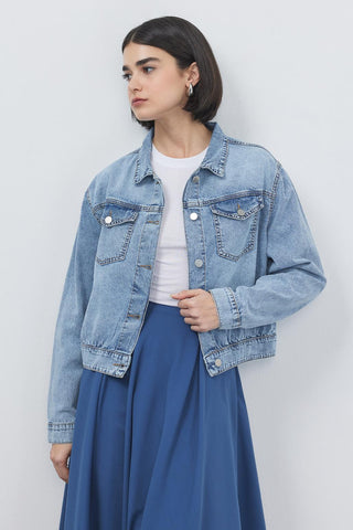 Pleated Denim Jacket Light Blue