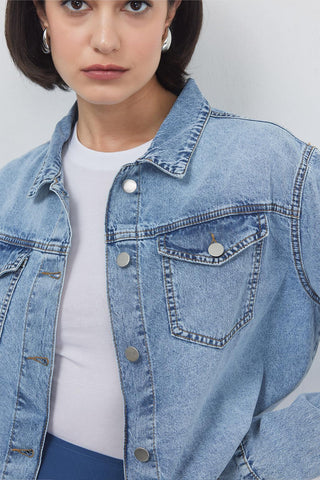 Pleated Denim Jacket Light Blue