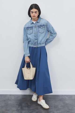 Pleated Denim Jacket Light Blue