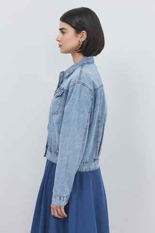 Pleated Denim Jacket Light Blue
