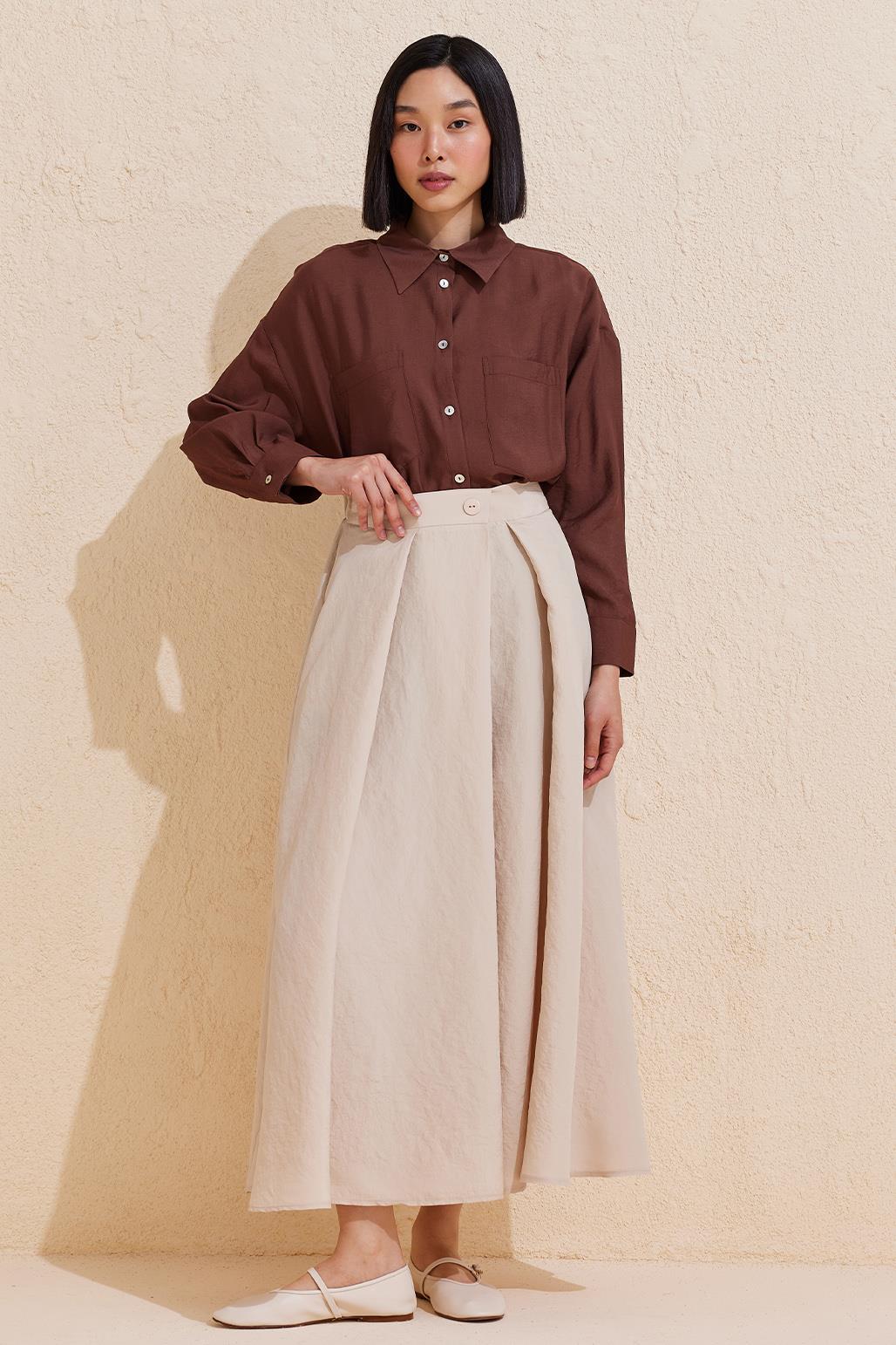 Pleated Flared Long Skirt Stone