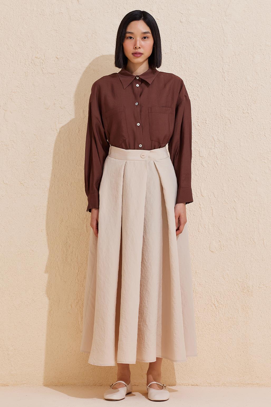 Pleated Flared Long Skirt Stone