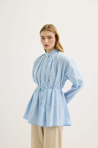 Pleated Oversized Linen Shirt Light Blue
