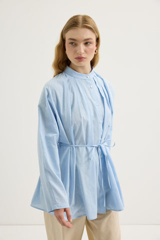 Pleated Oversized Linen Shirt Light Blue
