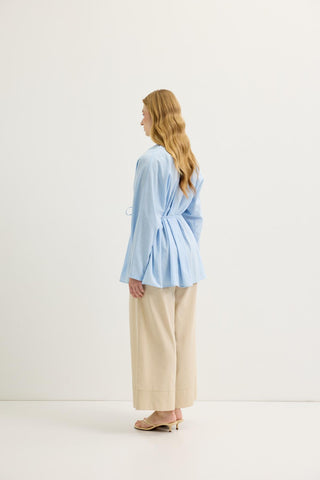 Pleated Oversized Linen Shirt Light Blue