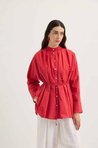 Pleated Oversized Linen Shirt Poppy Red