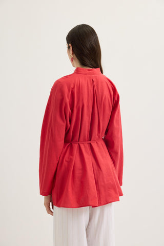 Pleated Oversized Linen Shirt Poppy Red