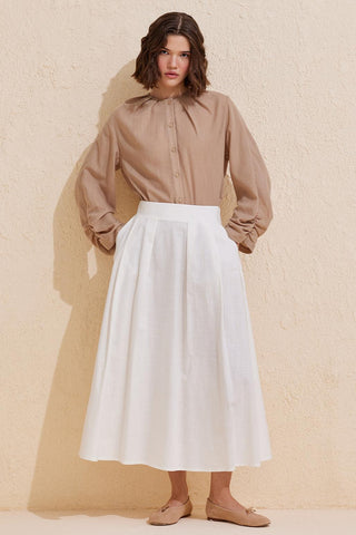 Pleated Cotton Linen Skirt Ecru