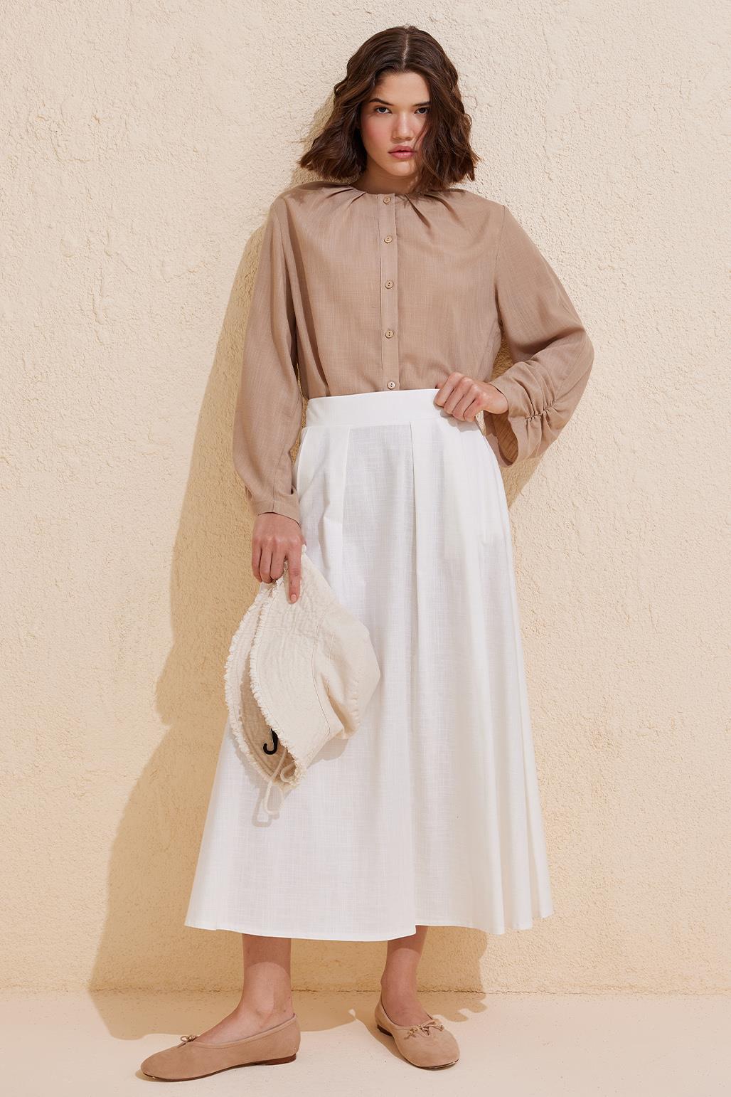 Pleated Cotton Linen Skirt Ecru