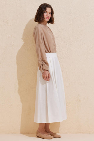 Pleated Cotton Linen Skirt Ecru