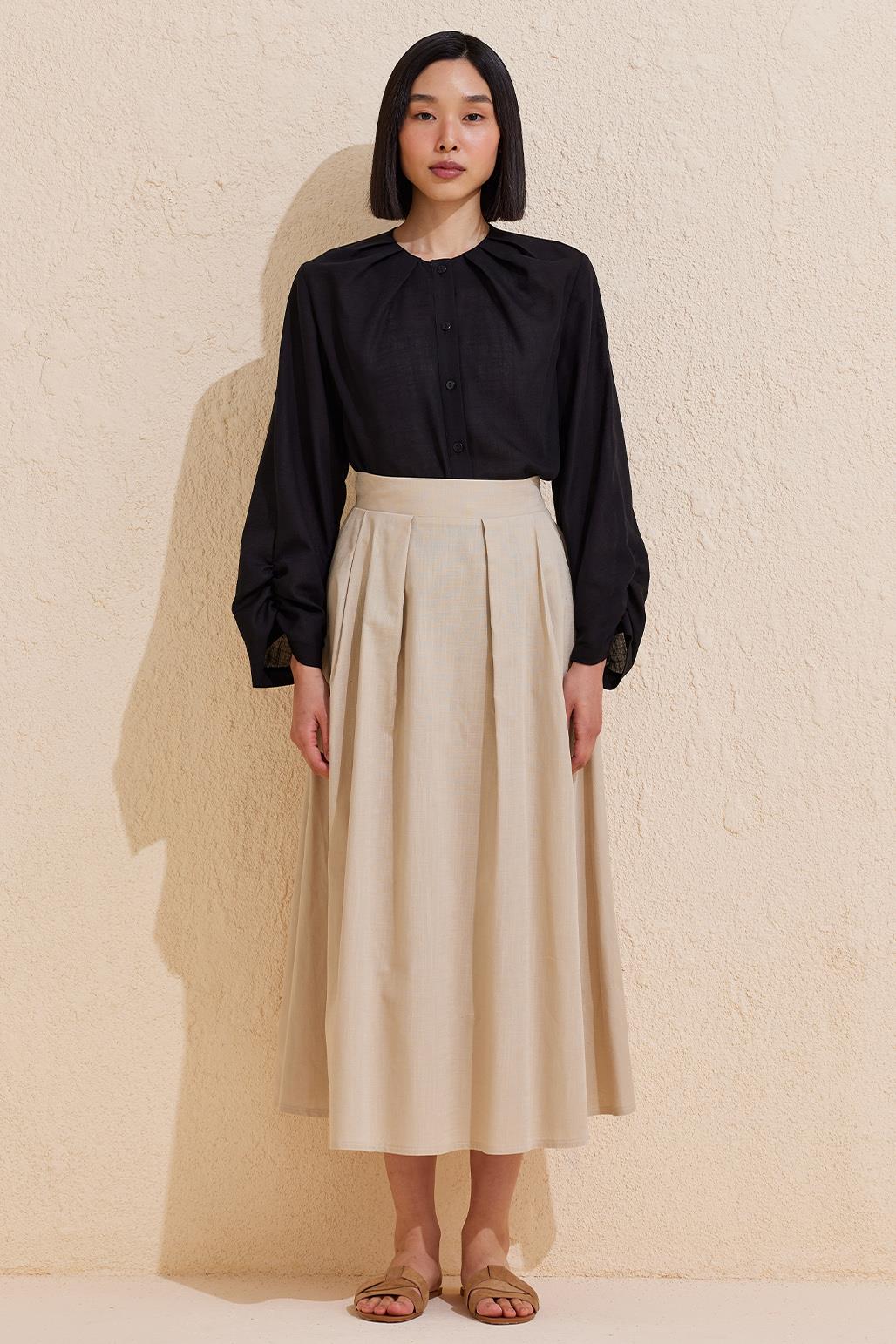 Pleated Cotton Linen Skirt Natural Beige