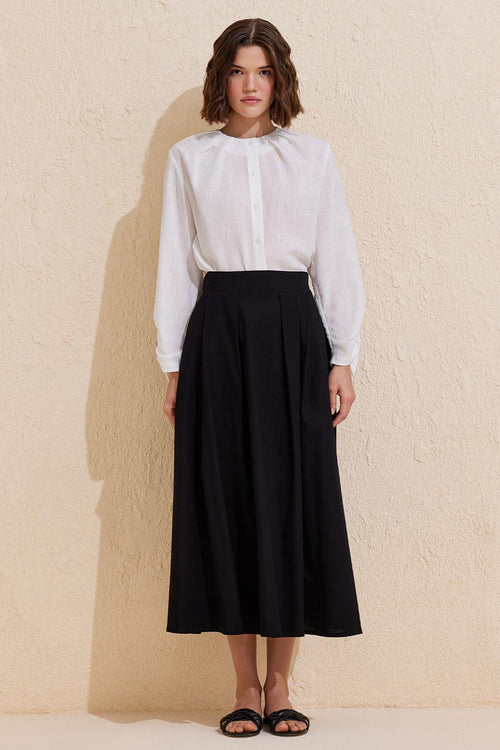 Pleated Cotton Linen Skirt Black