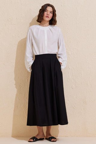 Pleated Cotton Linen Skirt Black