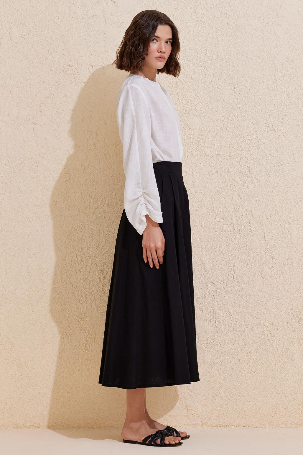 Pleated Cotton Linen Skirt Black