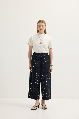 Pleated Polka Dot Print Trousers Black
