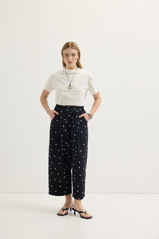 Pleated Polka Dot Print Trousers Black