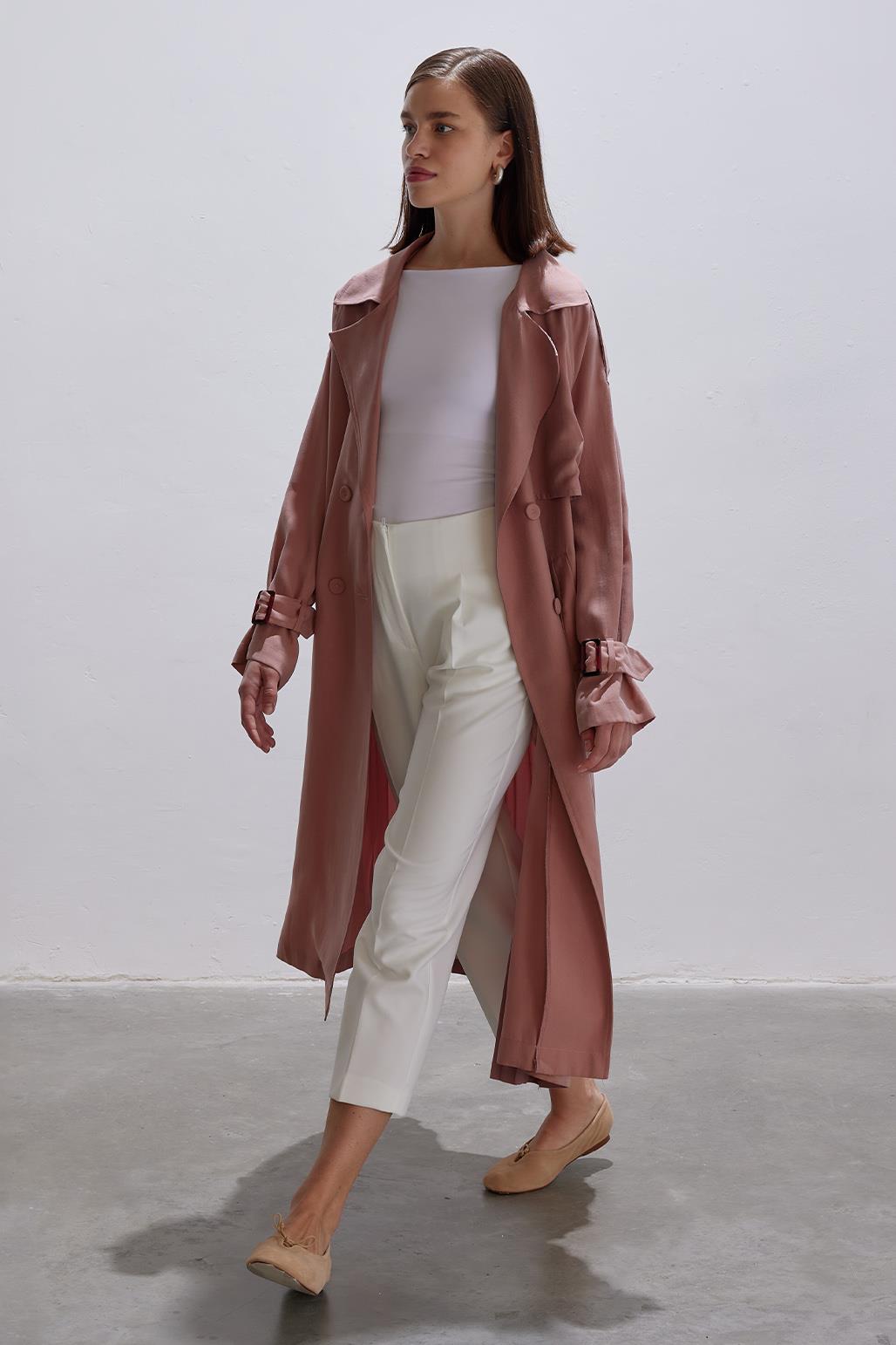 Pleated Modal Trench Coat Coral