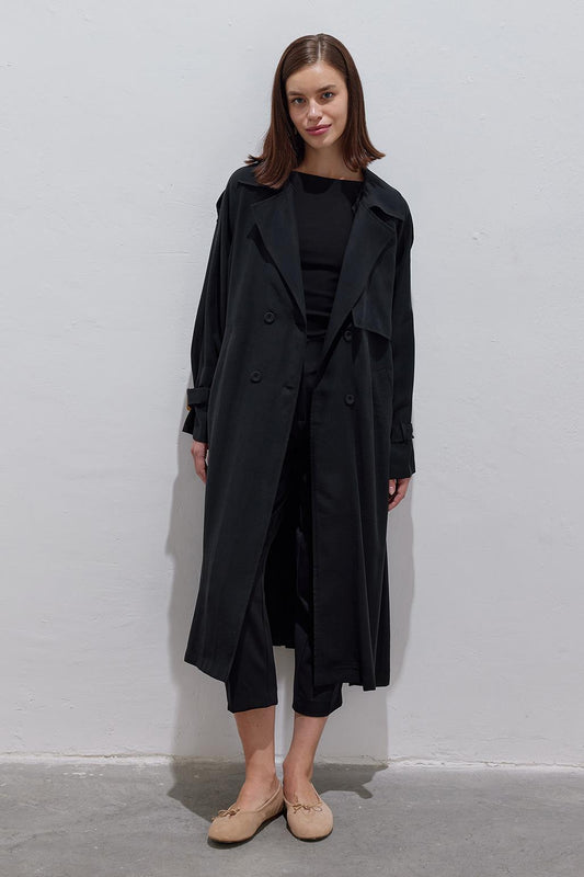 Pleated Modal Trench Coat Black