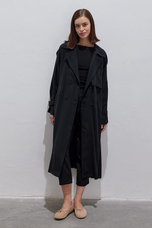 Pleated Modal Trench Coat Black