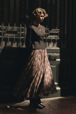 Plaid Long Flared Skirt Brown