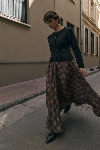 Plaid Long Flared Skirt Brown