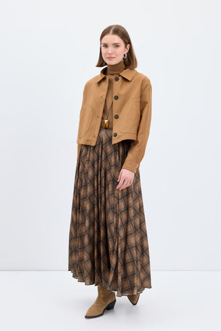 Plaid Long Flared Skirt Brown