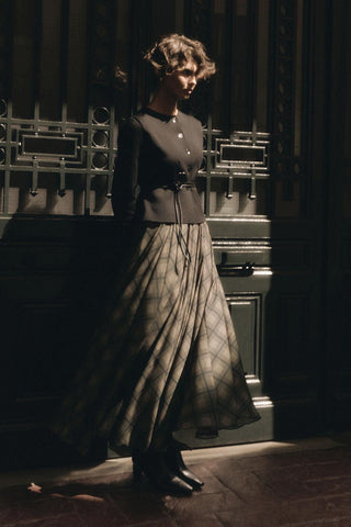 Plaid Long Flared Skirt Brown