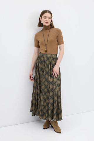 Plaid Long Flared Skirt Brown