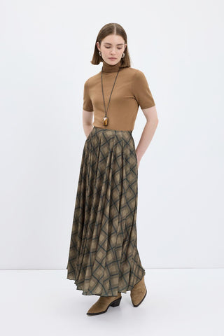Plaid Long Flared Skirt Brown