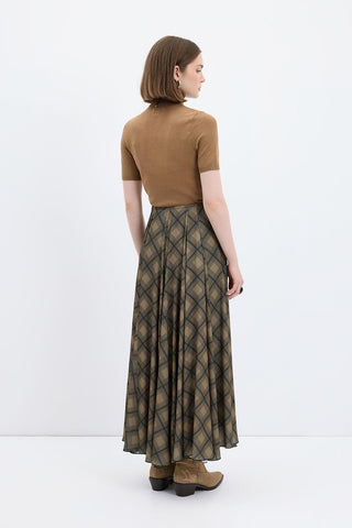 Plaid Long Flared Skirt Brown