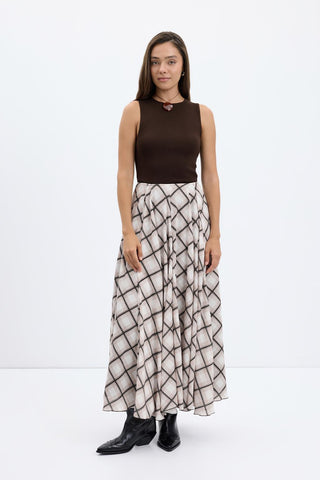 Plaid Long Flared Skirt Taupe