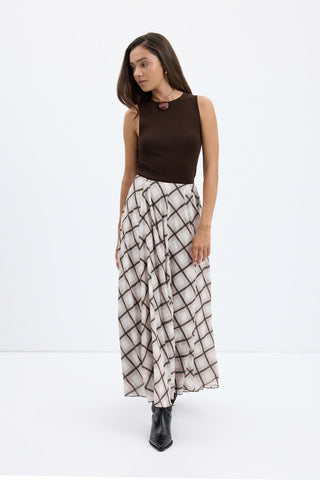 Plaid Long Flared Skirt Taupe