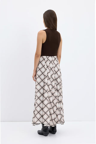 Plaid Long Flared Skirt Taupe