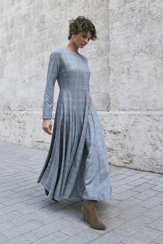 Plaid Panel Long Maxi Dress Grey