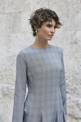 Plaid Panel Long Maxi Dress Grey