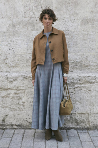 Plaid Panel Long Maxi Dress Grey