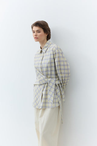 Plaid Patterned Knot Detail Shirt Grey