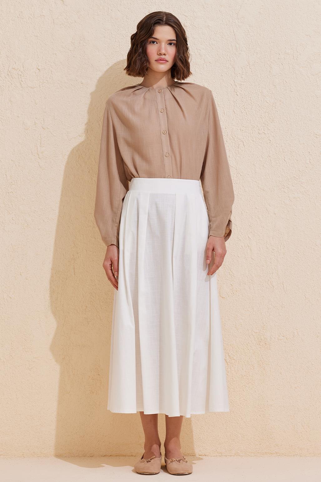 Pleated Cotton Linen Skirt Ecru
